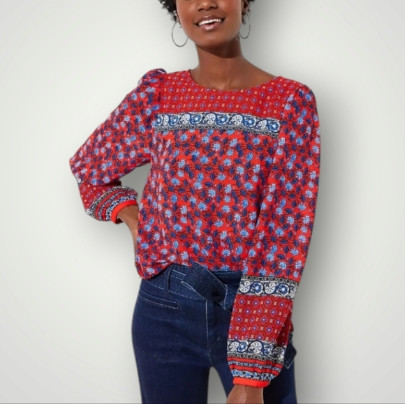 Loft Top Womens S Bohemian Print‎ Blouse Round Neck Long Sleeves Geometric - Picture 1 of 9